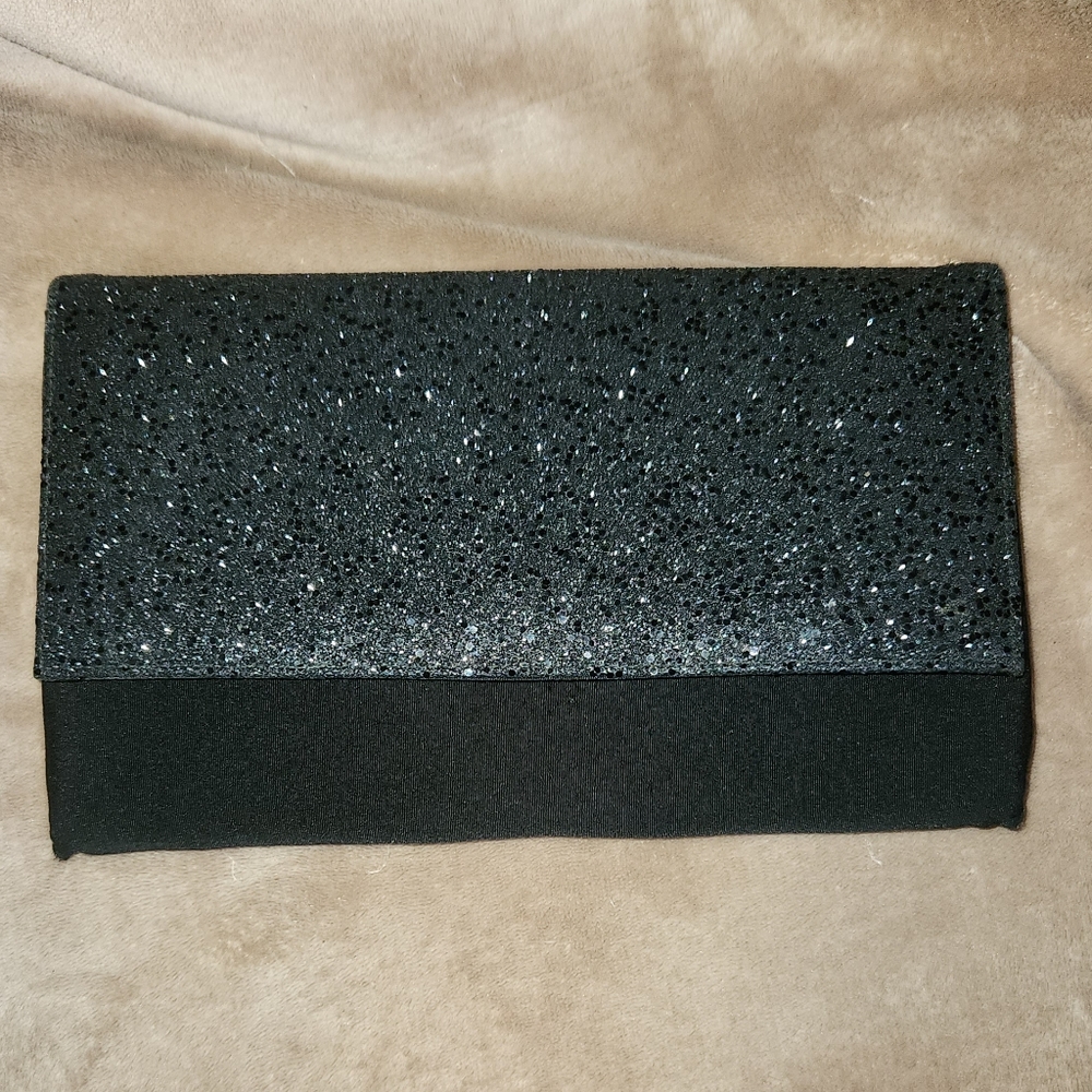 Vintage Y2K Black Fabric Clutch W/Black Glitter Flap